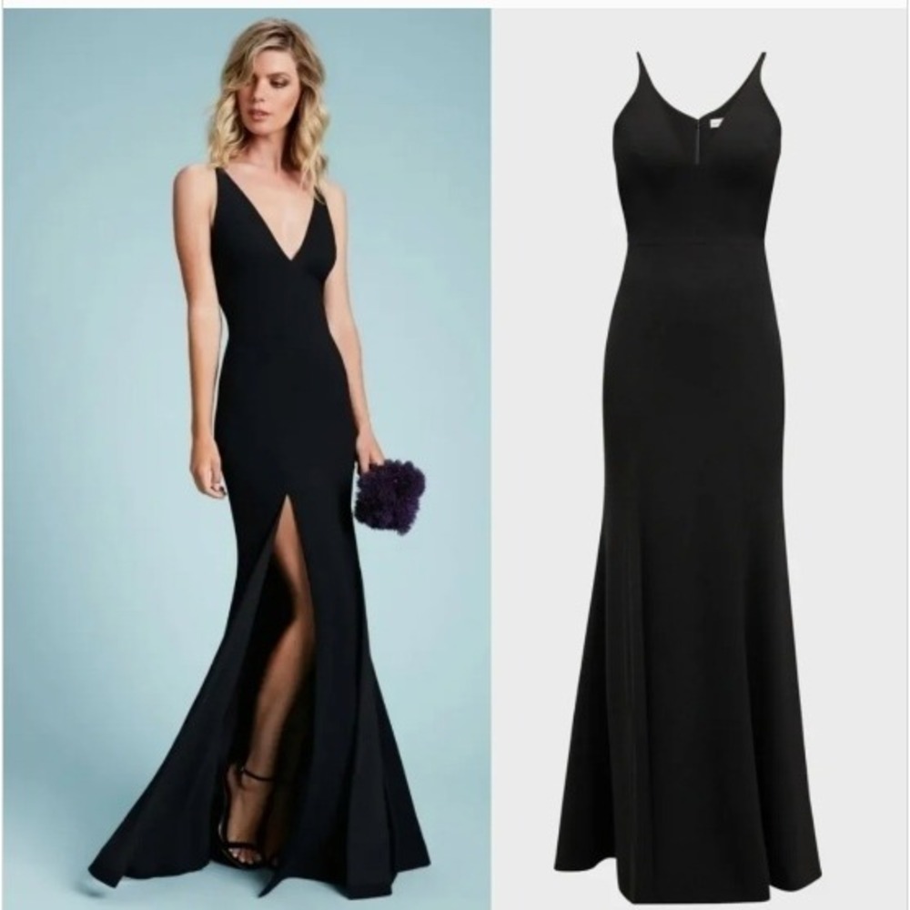 Dress The Population Black V-Neck Spaghetti Strap Maxi Dress XXL Crepe Slit